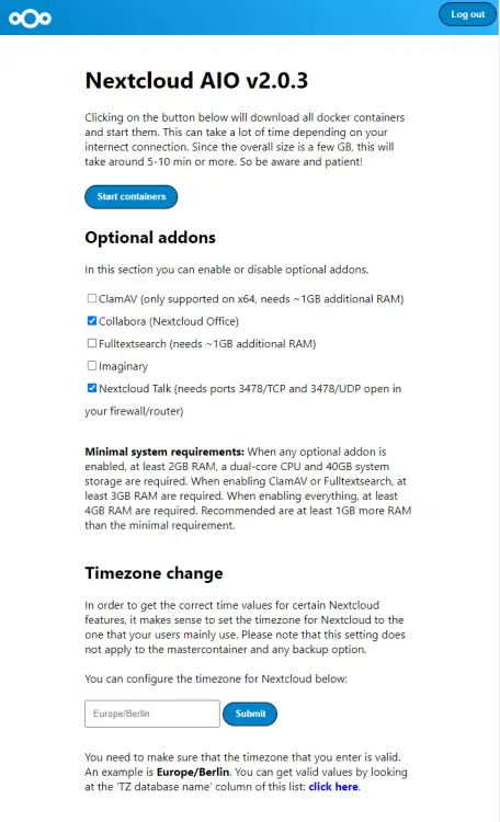 Nextcloud AIO Containers Page