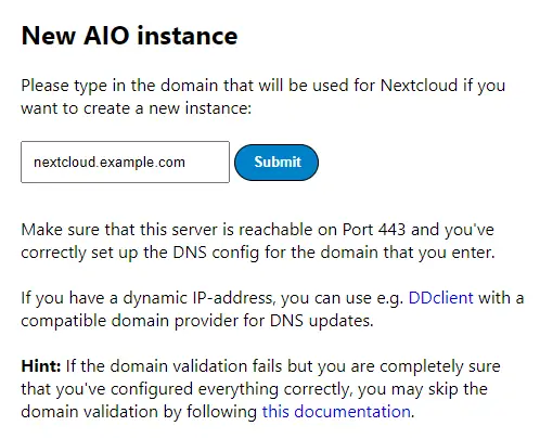 Nextcloud AIO New instance setup