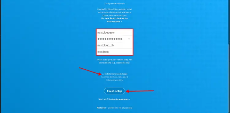 Setting up database and fisnish nextcloud installation
