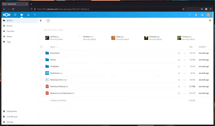 Nextcloud user files dashboard