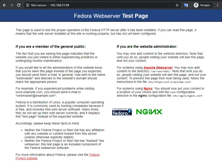 Nginx Default Fedora 32 Page