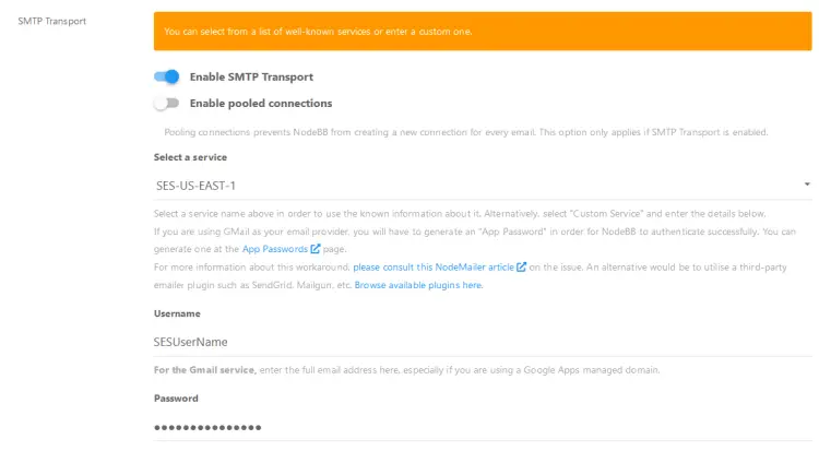 NodeBB Forum SMTP Settings