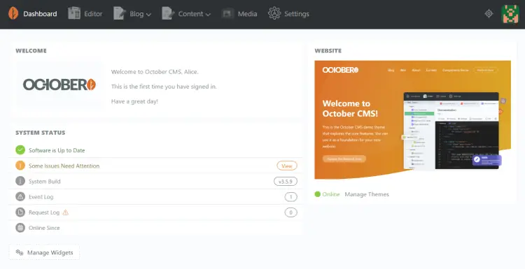 octobercms dashboard