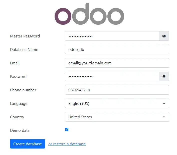 Odoo Database Creation Page