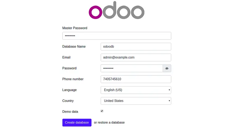 Setup database details for Odoo ERP