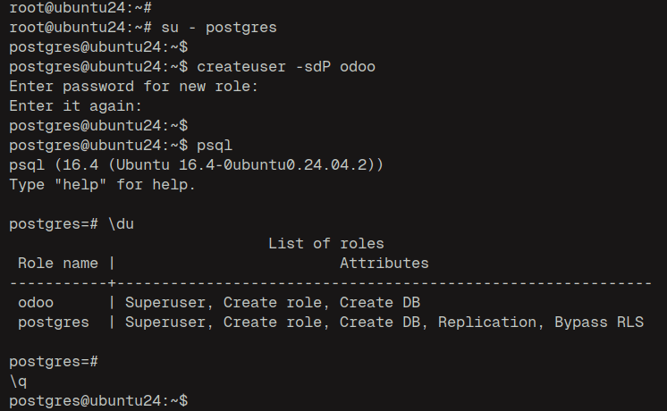 create and check postgres user