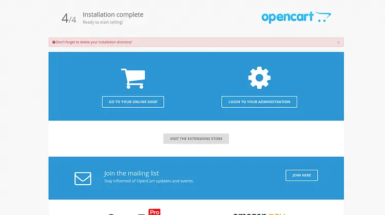 OpenCart installation complete