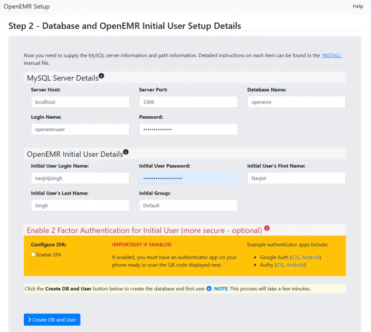 OpenEMR Database and Account Details