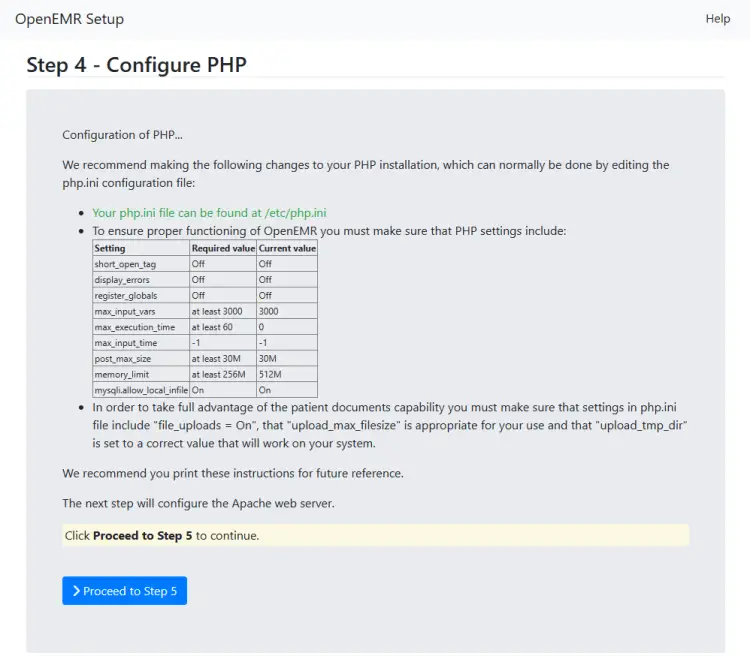 OpenEMR Configure PHP