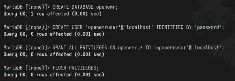 create database and user