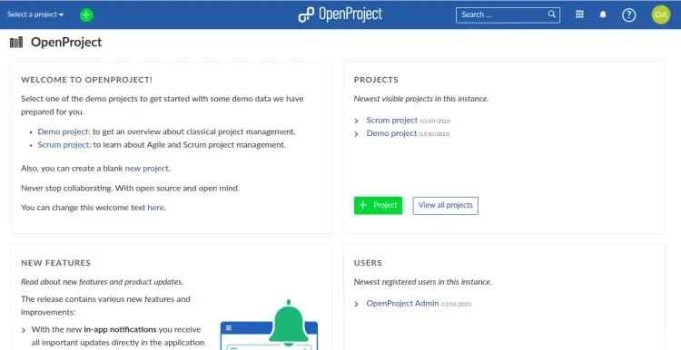 OpenProject dashboard