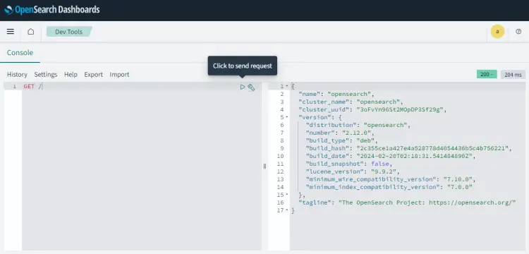 OpenSearch Dashboards Console Connection Verification