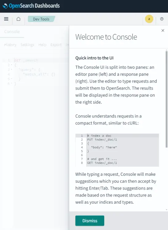 OpenSearch Dashboards Dev Tools Console Popup