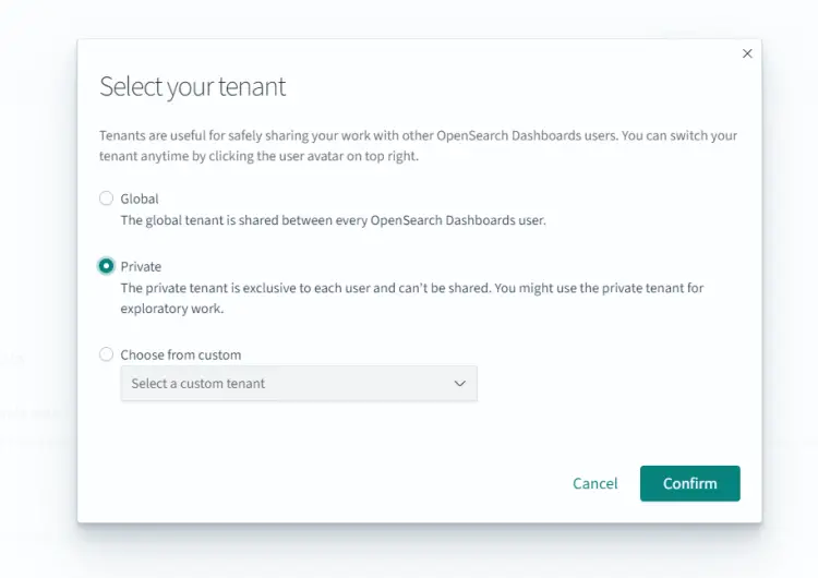 OpenSearch Dashboards Tenant Selection screen