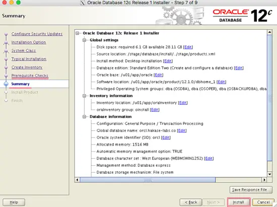 Oracle Database Summary Installation Configuration