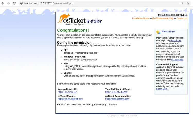 osTicket installation successful
