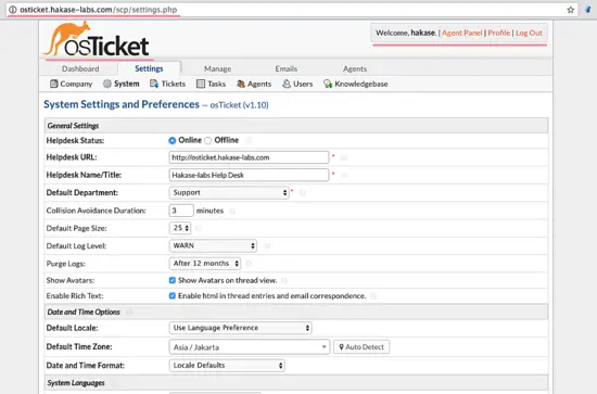 OsTicket settings