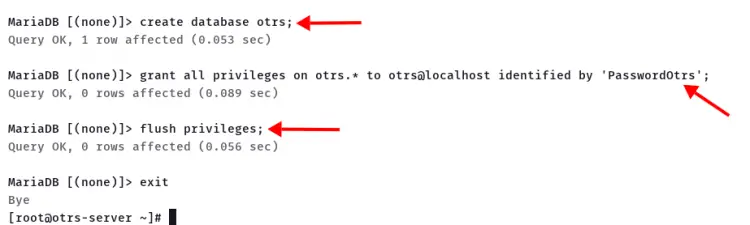create new database and user otrs