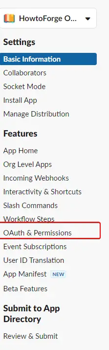 Slack OAuth menu