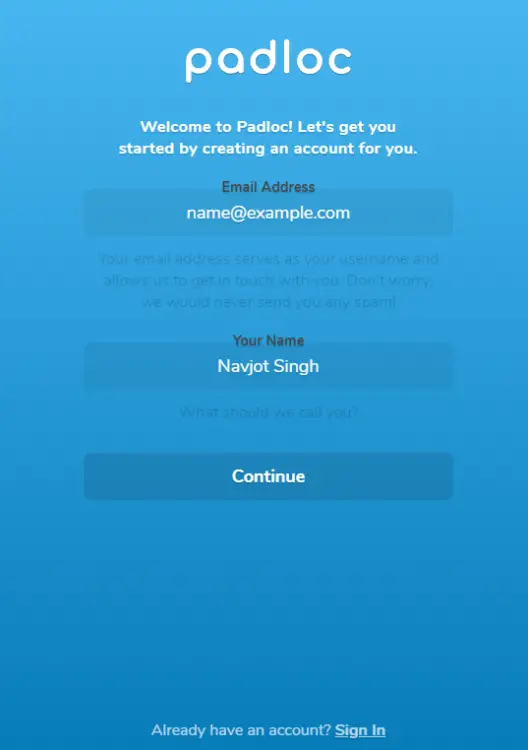 Padloc Signup Page