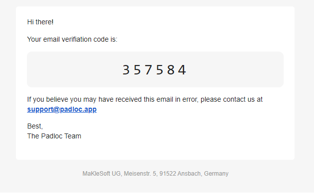 Padloc Verification Email