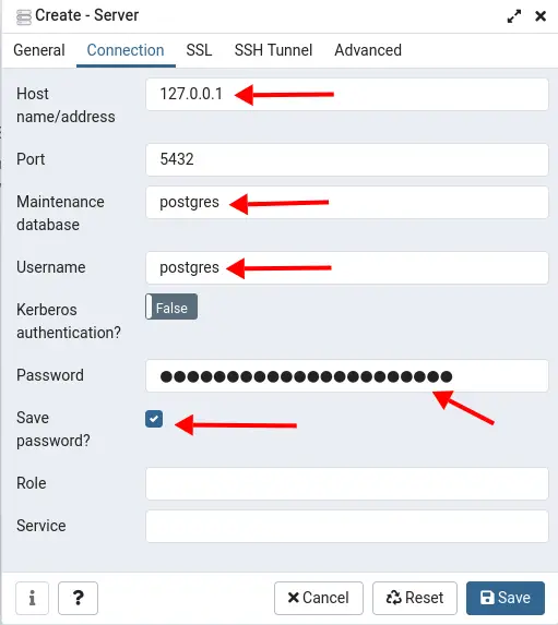 Set up PostgreSQL server connection details