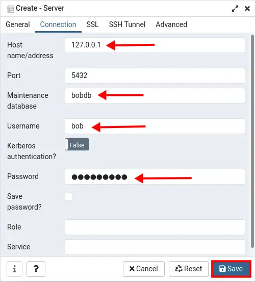 Detail connection pgAdmin4