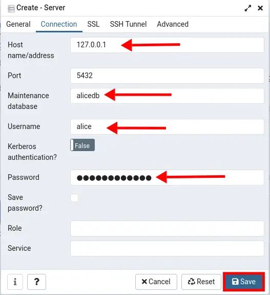 Details connection for user alice