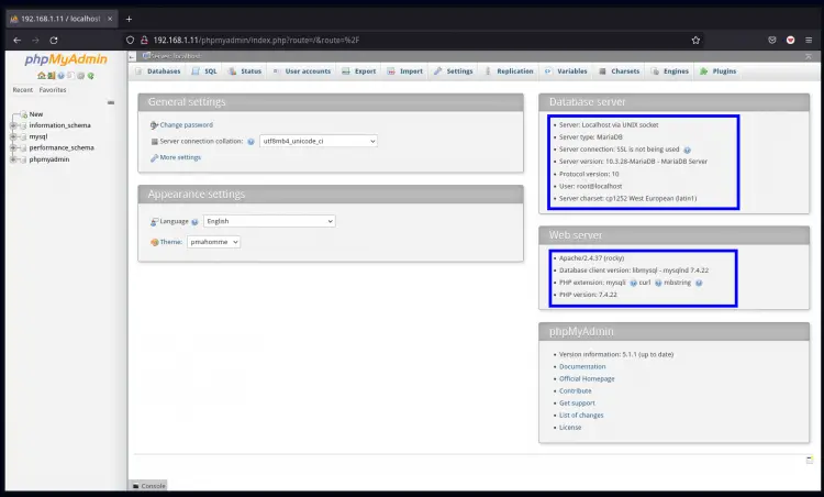 phpMyAdmin Dashboard