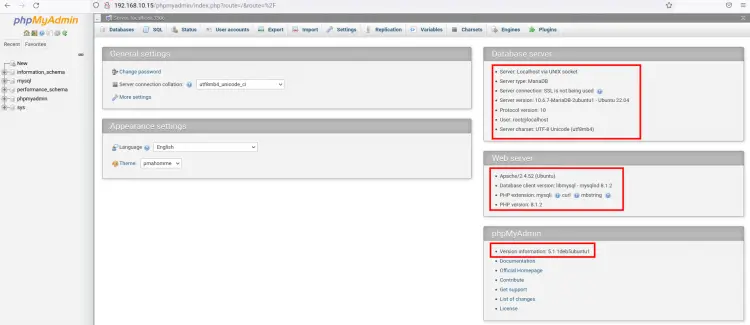 phpmyadmin dashboard