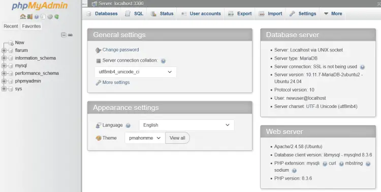 phpmyadmin dashboard