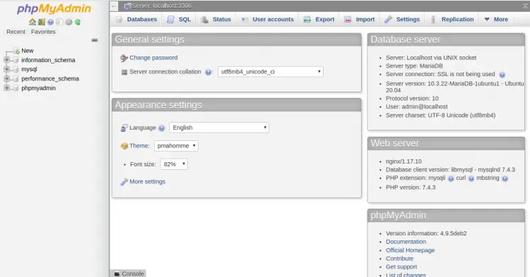 PHPMyAdmin Dashboard