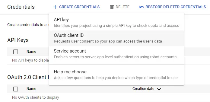 Create OAuth Client ID Credentials