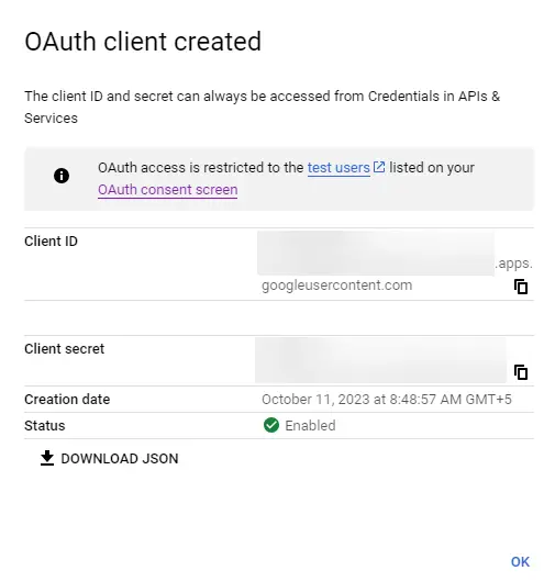 OAuth Credentials Screen