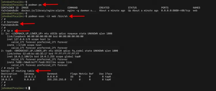 Podman log in to the container