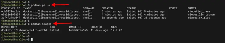 Podman check container and images