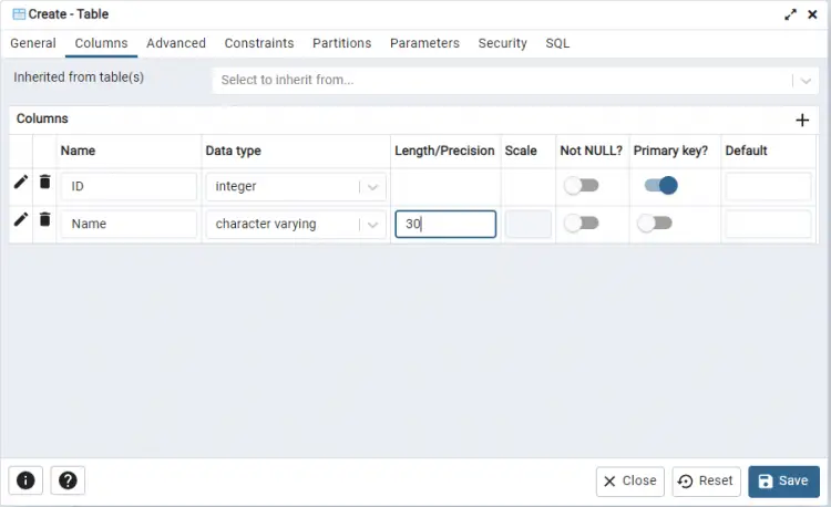 pgAdmin Create Table Columns