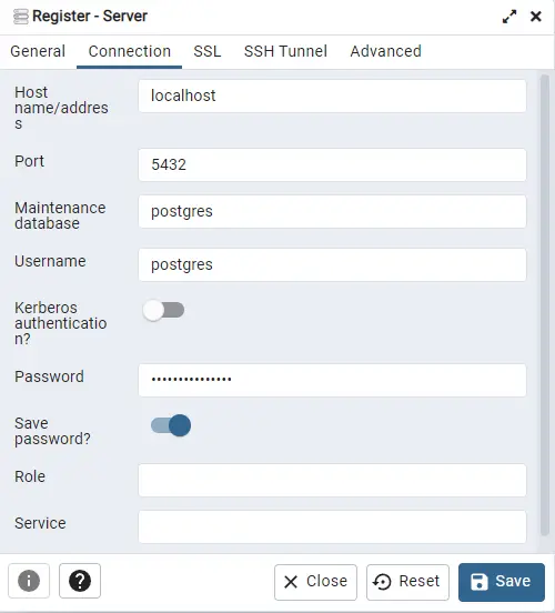 pgAdmin Server Connection Details