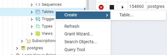 pgAdmin Create Table option