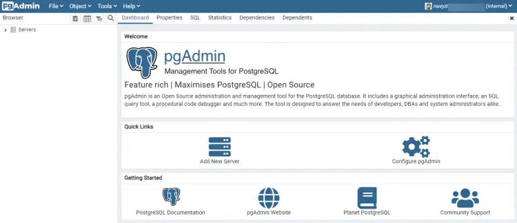 pgAdmin 4 Dashboard