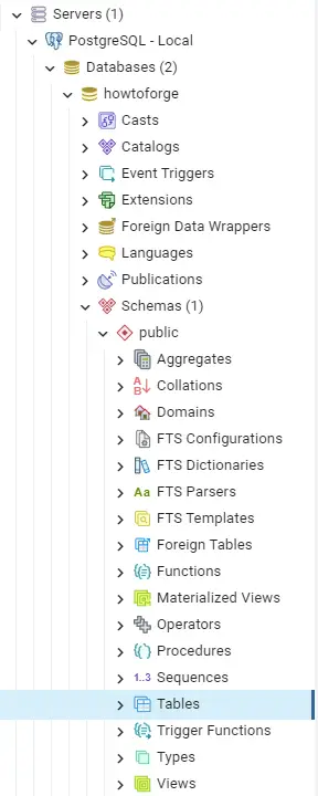 pgAdmin Database Tree Menu