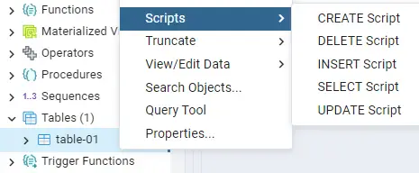 pgAdmin INSERT Scripts menu