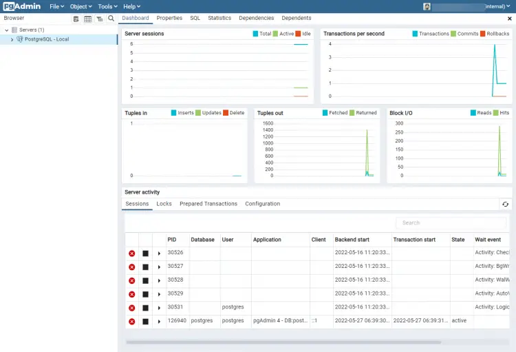 pgAdmin 4 PostgreSQL Server Dashboard