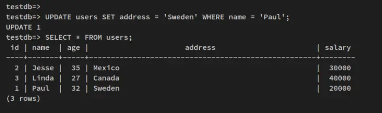 updating data via update query