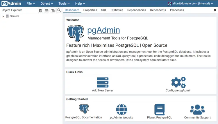 pgadmin dashboard