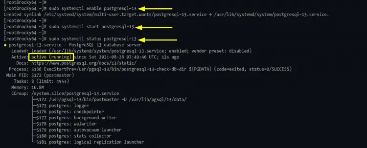 Start and enable and checking PostgreSQL service status