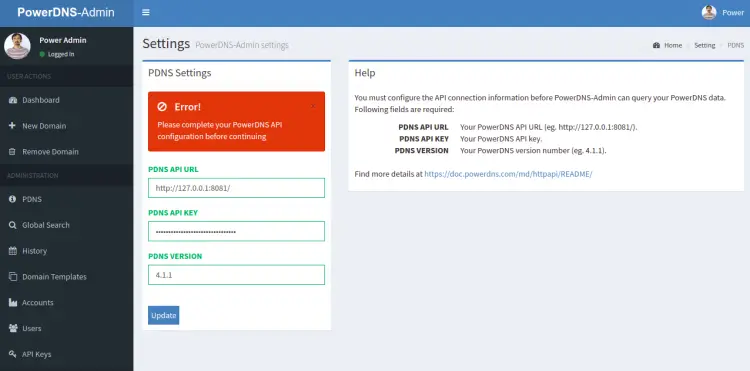 PowerDNS admin dashboard