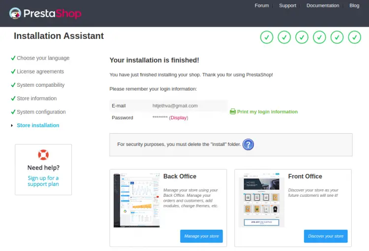 Prestashop installation finished successfully