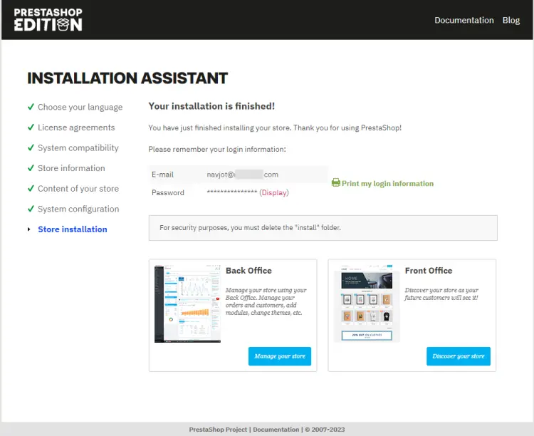 Prestashop Finished Installation Page
