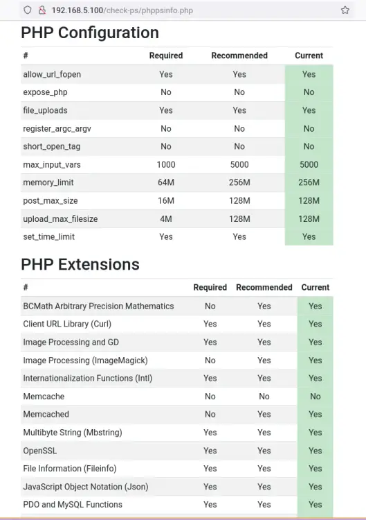php configurations and settings